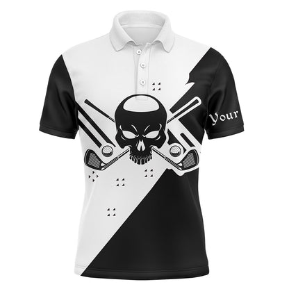 Golf Polo Shirts, Black & White Long Sleeve Skull Golf Polo Shirts For Men Custom Golf Shirts, Custom Golf Shirts