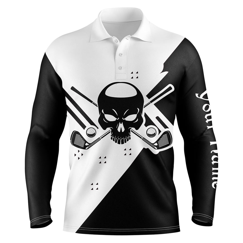 Golf Polo Shirts, Black & White Long Sleeve Skull Golf Polo Shirts For Men Custom Golf Shirts, Custom Golf Shirts