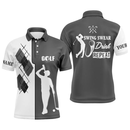 Golf Polo Shirts, Black White Men Golf Polo Shirts Custom Name Swing Swear Drink Repeat Golf Shirt, Golf Outfit Men, Custom Golf Shirts