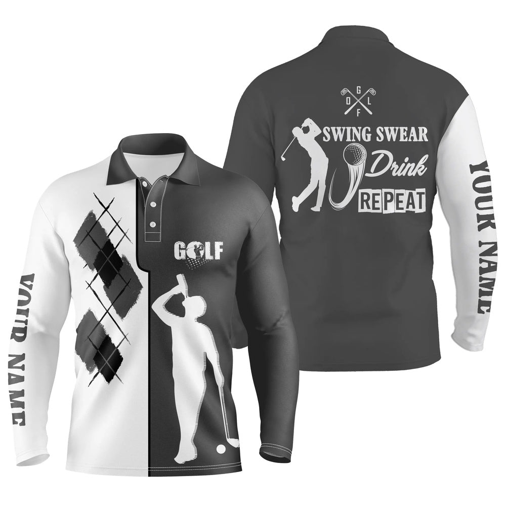 Golf Polo Shirts, Black White Men Golf Polo Shirts Custom Name Swing Swear Drink Repeat Golf Shirt, Golf Outfit Men, Custom Golf Shirts