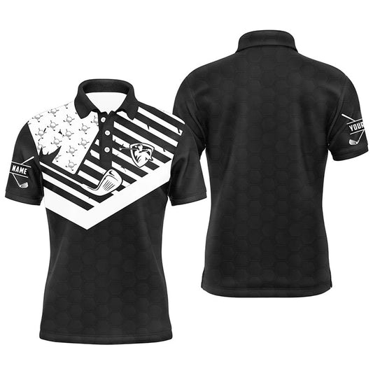 Golf Polo Shirts, Black White Mens Golf Polo Shirt Custom American Flag Golf Clubs Patriotic Golf Polo Shirts For Men, Custom Golf Shirts