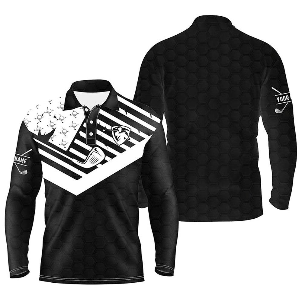 Golf Polo Shirts, Black White Mens Golf Polo Shirt Custom American Flag Golf Clubs Patriotic Golf Polo Shirts For Men, Custom Golf Shirts