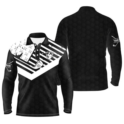 Golf Polo Shirts, Black White Mens Golf Polo Shirt Custom American Flag Golf Clubs Patriotic Golf Polo Shirts For Men, Custom Golf Shirts
