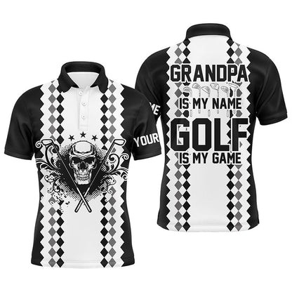 Golf Polo Shirts, Black White Mens Golf Polos Shirts Custom Skull Golf Gift For Grandpa Is My Name, Golf Is My Game, Custom Golf Shirts