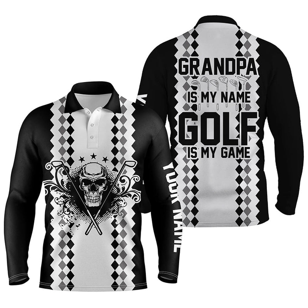 Golf Polo Shirts, Black White Mens Golf Polos Shirts Custom Skull Golf Gift For Grandpa Is My Name, Golf Is My Game, Custom Golf Shirts