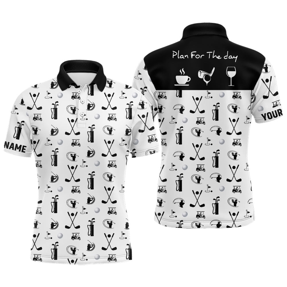 Golf Polo Shirts, Black White Plan For The Day Golf Icons Polo Shirt Custom Golf Shirts For Men Golf Gifts, Custom Golf Shirts