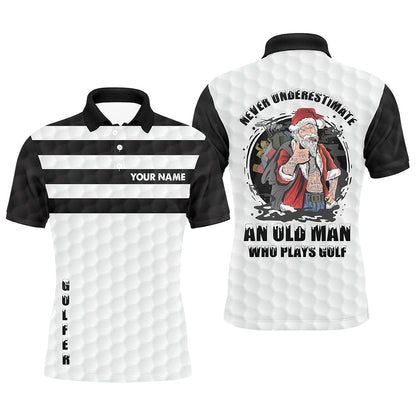 Golf Polo Shirts, Black White Santa Golfer Custom Christmas Mens Golf Polo Shirt Never Underestimate Old Man Plays Golf, Custom Golf Shirts