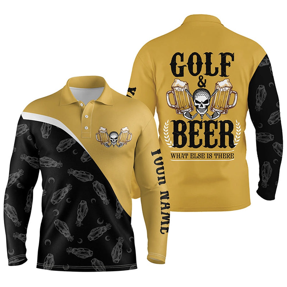 Golf Polo Shirts, Black Yellow Mens Golf Polos Shirts Custom Skull Golf And Beer What Else Is There, Golf Shirts For Men, Custom Golf Shirts