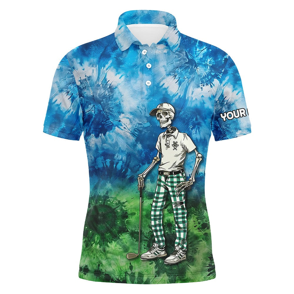 Golf Polo Shirts, Blue And Green Mens Tie Dye Golf Polo Shirts Custom Golf Skull Golf Team Polo Shirts, Custom Golf Shirts