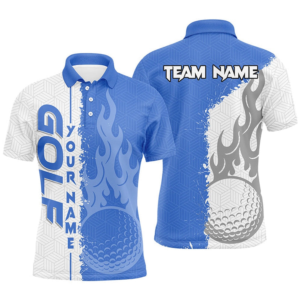 Golf Polo Shirts, Blue And White Flame Golf Ball Custom Mens Golf Polo Shirts, Best Mens Golf Wear For Team, Custom Golf Shirts