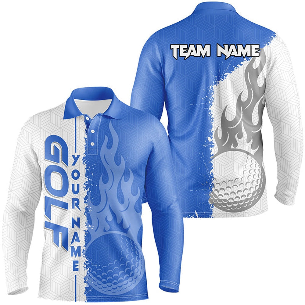 Golf Polo Shirts, Blue And White Flame Golf Ball Custom Mens Golf Polo Shirts, Best Mens Golf Wear For Team, Custom Golf Shirts