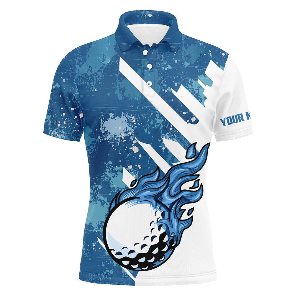 Golf Polo Shirts, Blue And White Golf Ball Flame Mens Golf Polo Shirts Custom Team Golf Shirts, Mens Golf Clothing, Custom Golf Shirts