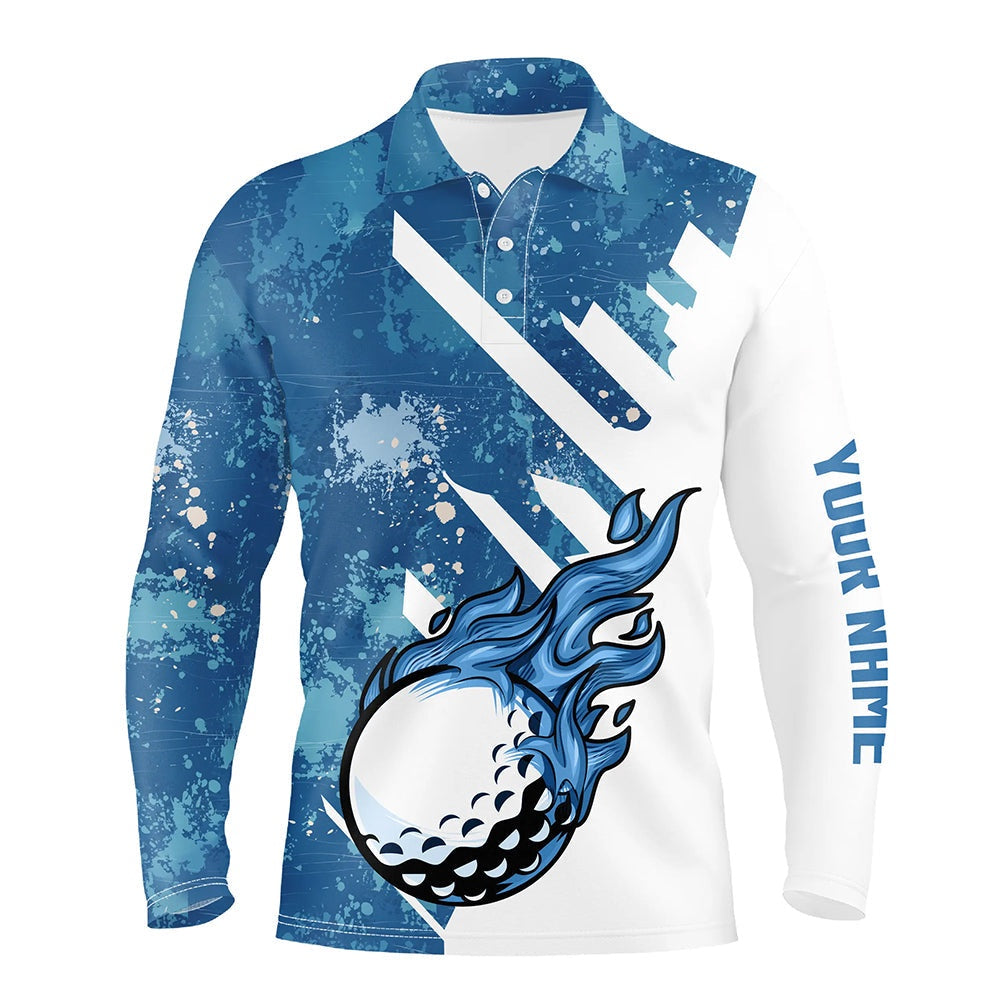 Golf Polo Shirts, Blue And White Golf Ball Flame Mens Golf Polo Shirts Custom Team Golf Shirts, Mens Golf Clothing, Custom Golf Shirts