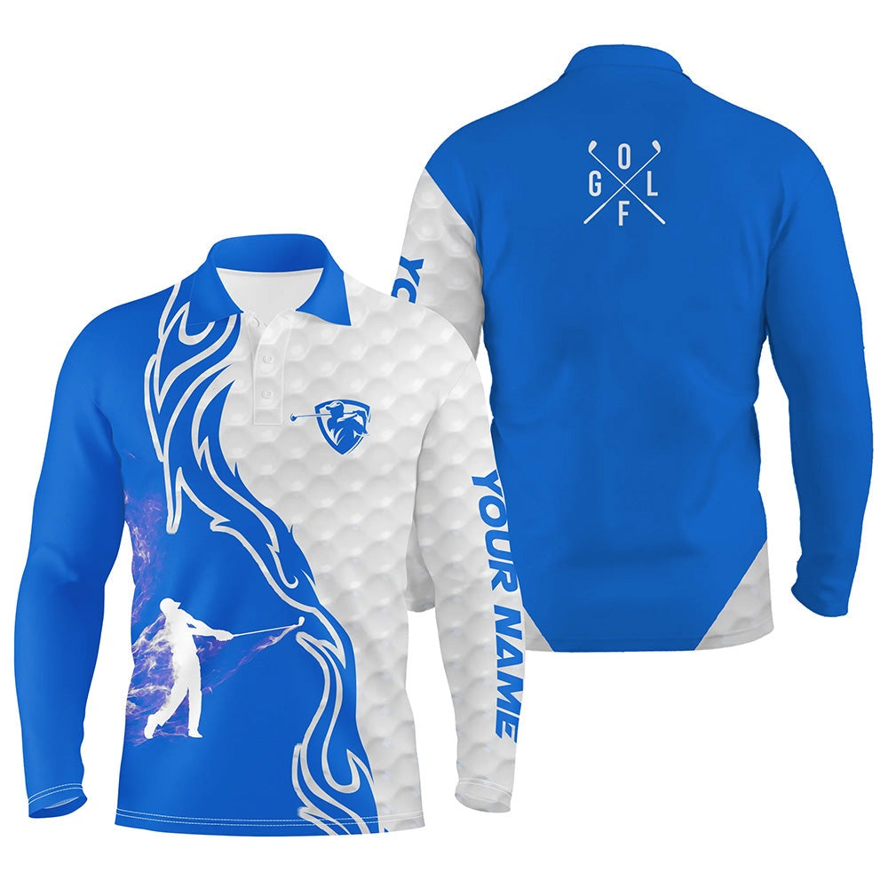 Golf Polo Shirts, Blue And White Golf Player Long Sleeve Golf Polo Shirts For Mens Custom Name Golf Gift For Golf Dad, Custom Golf Shirts