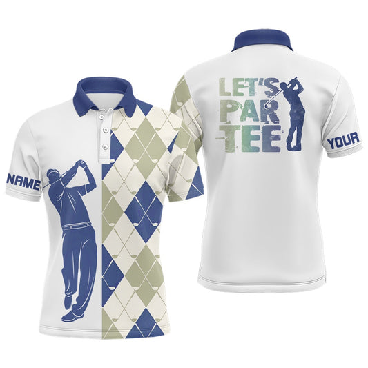 Golf Polo Shirts, Blue And White Golf Shirt Argyle Pattern Golf Clubs Custom Name Mens Golf Polo Shirt Let'S Par Tee, Custom Golf Shirts