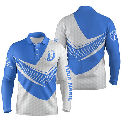 Golf Polo Shirts, Blue And White Golf Shirt Custom Name Short Sleeve, Long Sleeve Golf Polos For Mens, Custom Golf Shirts