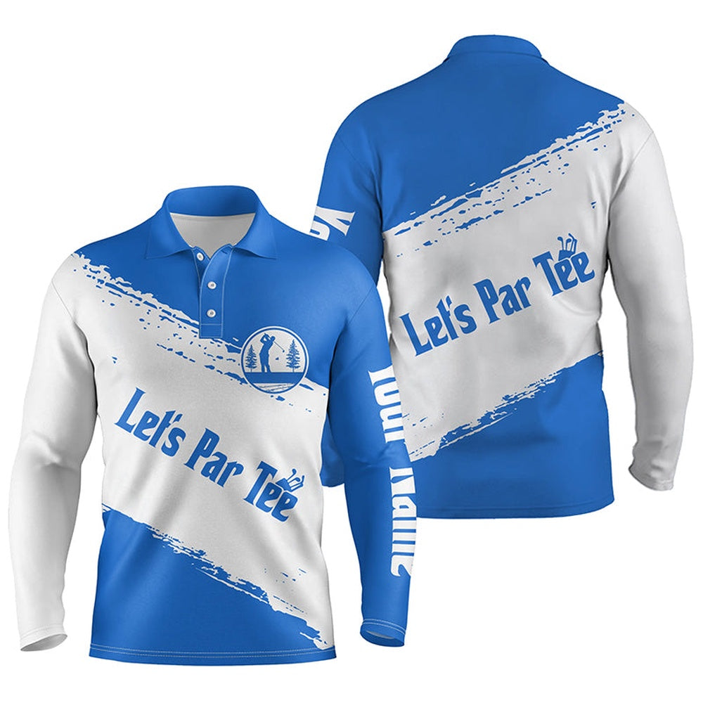 Golf Polo Shirts, Blue And White Mens Golf Polo Shirts Custom Name Let'S Par Tee Best Mens Golf Wear, Custom Golf Shirts