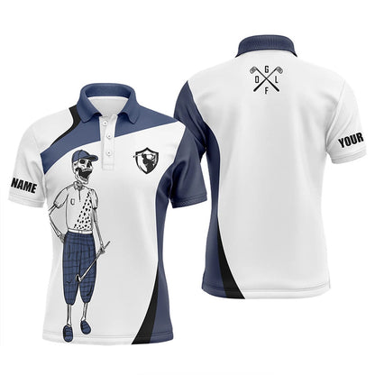 Golf Polo Shirts, Blue And White Mens Golf Polos Shirts Custom Name Funny Golf Skull Golf Shirt, Golfing Gift For Him, Custom Golf Shirts