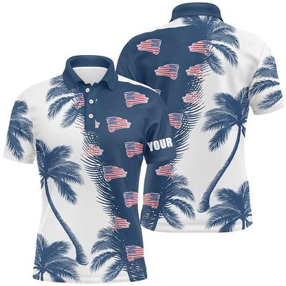 Golf Polo Shirts, Blue And White Palm Tree Pattern American Flag Mens Golf Polo Shirts Personalized Golf Outfit Men, Custom Golf Shirts