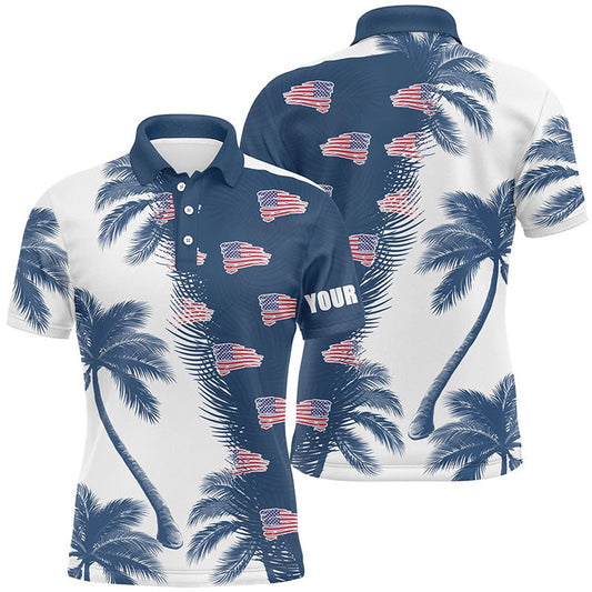 Golf Polo Shirts, Blue And White Palm Tree Pattern American Flag Mens Golf Polo Shirts Personalized Golf Outfit Men, Custom Golf Shirts