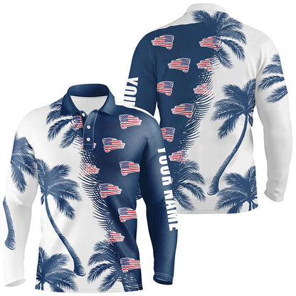 Golf Polo Shirts, Blue And White Palm Tree Pattern American Flag Mens Golf Polo Shirts Personalized Golf Outfit Men, Custom Golf Shirts