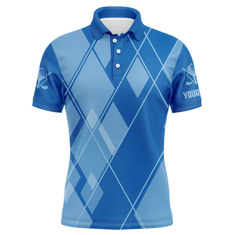 Golf Polo Shirts, Blue Argyle Pattern Custom Mens Golf Polo Shirts, Golf Tops For Men Golfing Gifts, Custom Golf Shirts