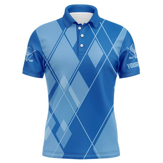 Golf Polo Shirts, Blue Argyle Pattern Custom Mens Golf Polo Shirts, Golf Tops For Men Golfing Gifts, Custom Golf Shirts