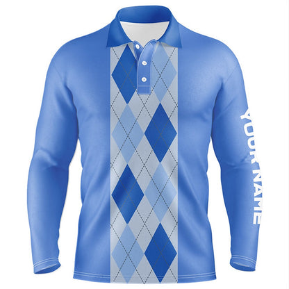 Golf Polo Shirts, Blue Argyle Plaid Pattern Mens Golf Polo Shirt Custom Golf Polos Shirt For Men, Custom Golf Shirts