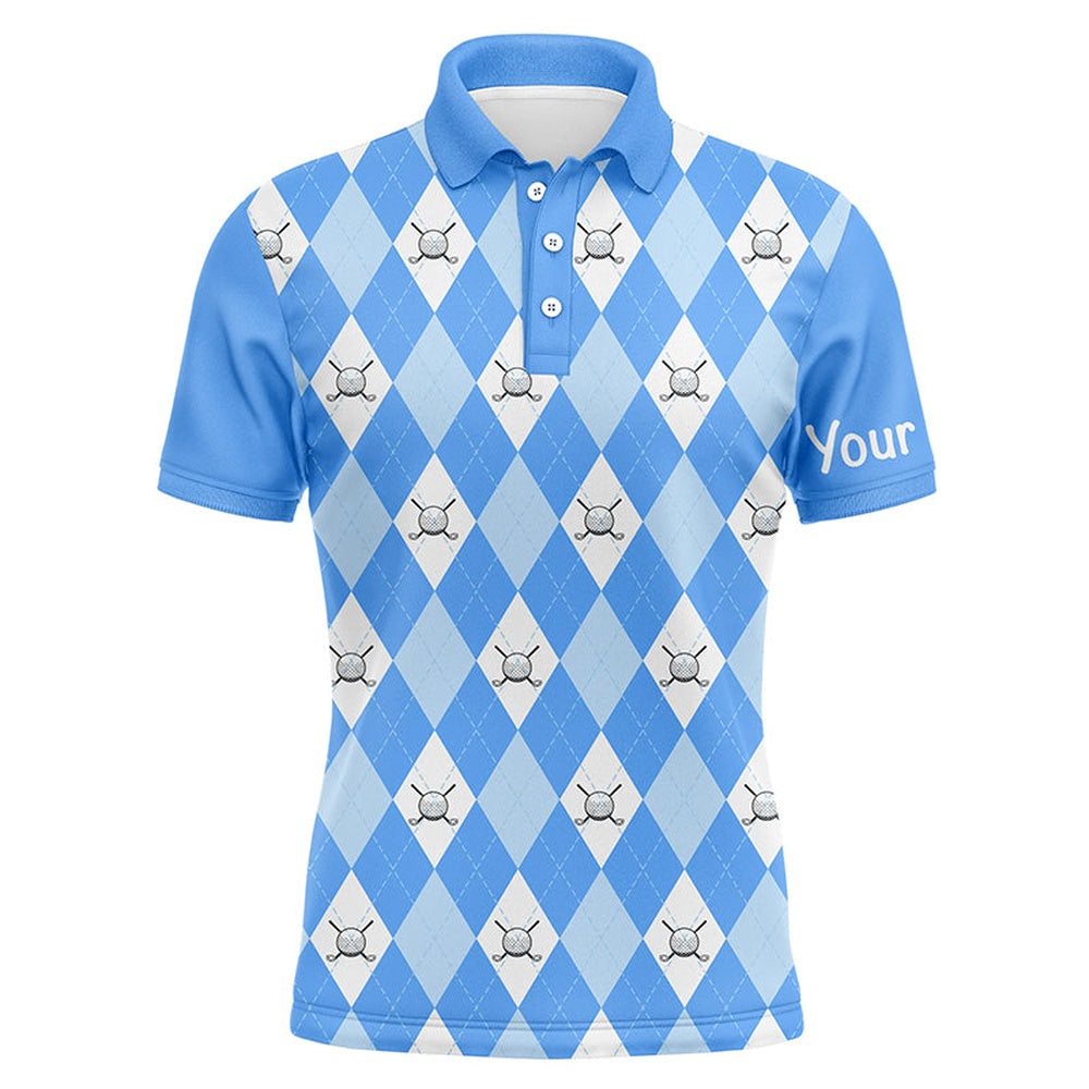 Golf Polo Shirts, Blue Argyle Plaid Pattern Mens Golf Polos Shirts Custom Golf Shirts For Men, Custom Golf Shirts