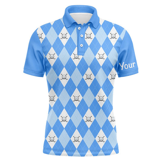 Golf Polo Shirts, Blue Argyle Plaid Pattern Mens Golf Polos Shirts Custom Golf Shirts For Men, Custom Golf Shirts