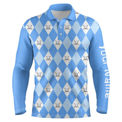 Golf Polo Shirts, Blue Argyle Plaid Pattern Mens Golf Polos Shirts Custom Golf Shirts For Men, Custom Golf Shirts