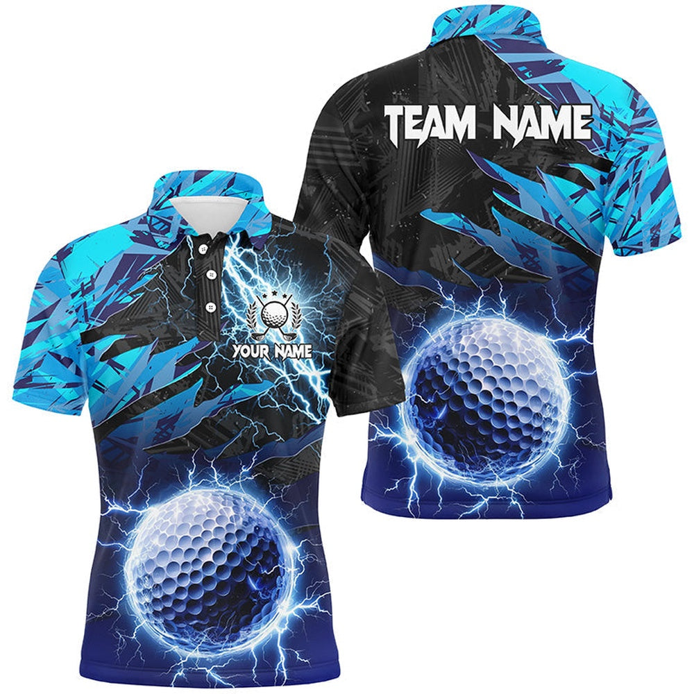 Golf Polo Shirts, Blue Camo Lightning Thunder Golf Ball Custom Mens Golf Polo Shirts, Personalized Golf Apparel For Men, Custom Golf Shirts