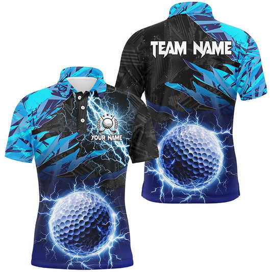 Golf Polo Shirts, Blue Camo Lightning Thunder Golf Ball Custom Mens Golf Polo Shirts, Personalized Golf Apparel For Men, Custom Golf Shirts