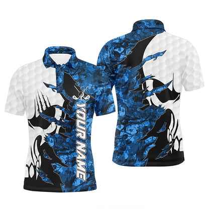 Golf Polo Shirts, Blue Camo Mens Golf Polos Shirts Custom Name Golf Skull Shirts For Men, Custom Golf Shirts