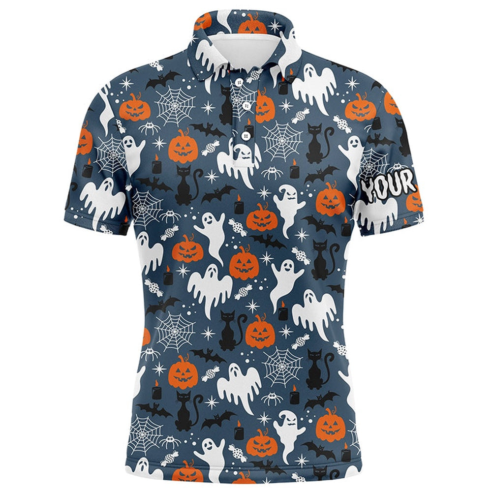 Golf Polo Shirts, Blue Cartoon Halloween Seamless Mens Golf Polo Shirts Funny Golf Shirts For Men Golf Gifts, Custom Golf Shirts