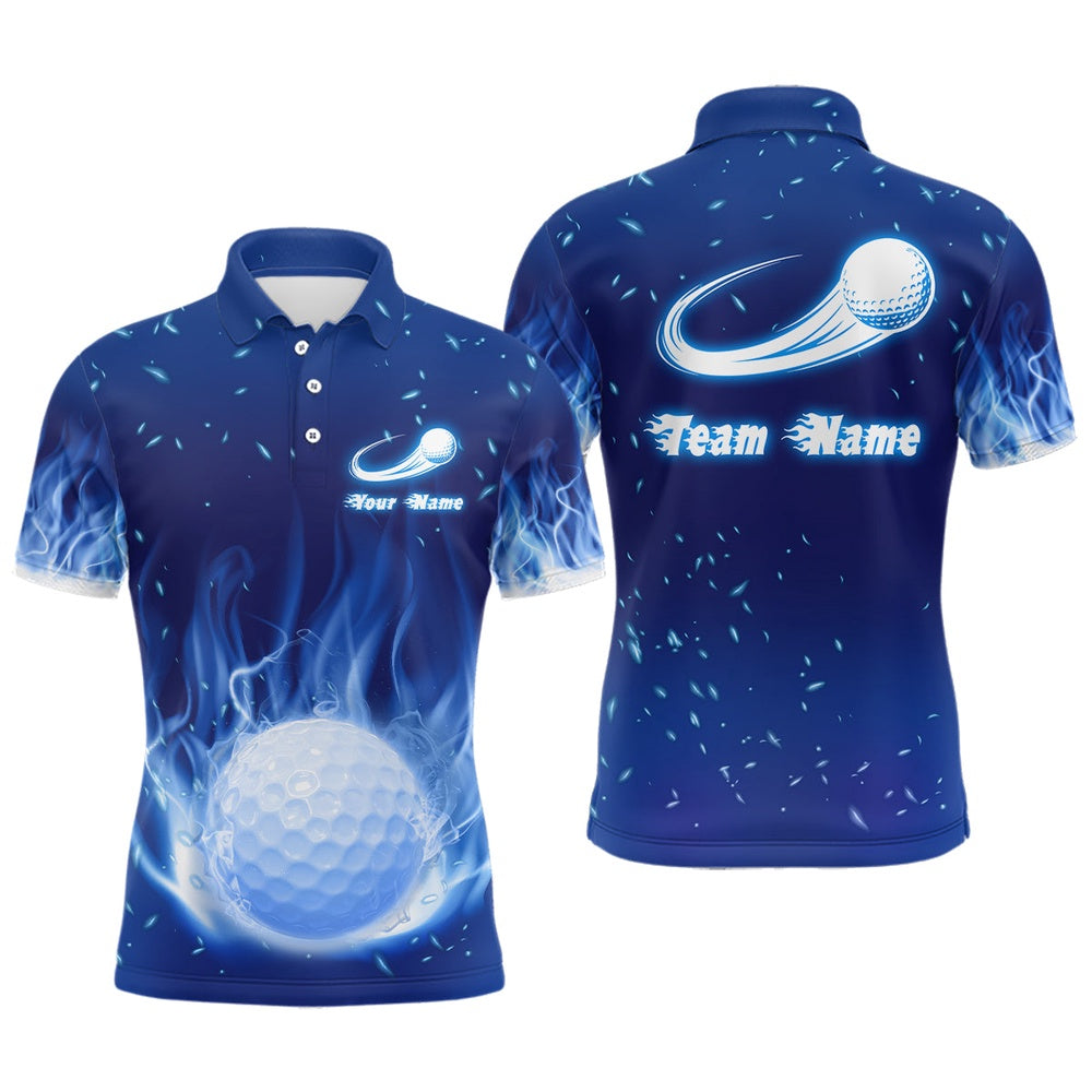Golf Polo Shirts, Blue Fire Flame Golf Ball Mens Polo Shirt Custom Golf Tops For Men Personalized Golf Gifts, Custom Golf Shirts