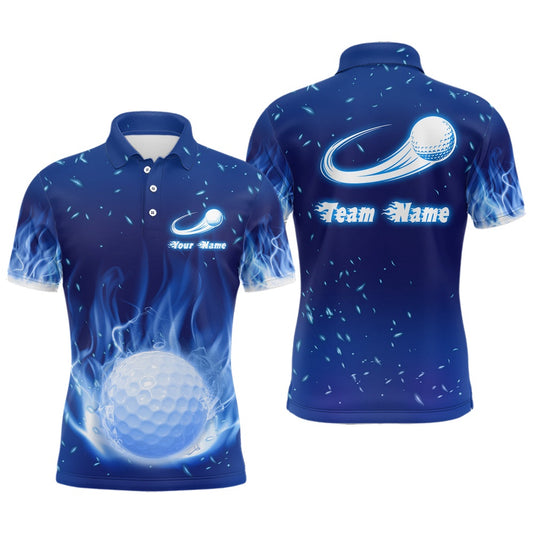 Golf Polo Shirts, Blue Fire Flame Golf Ball Mens Polo Shirt Custom Golf Tops For Men Personalized Golf Gifts, Custom Golf Shirts