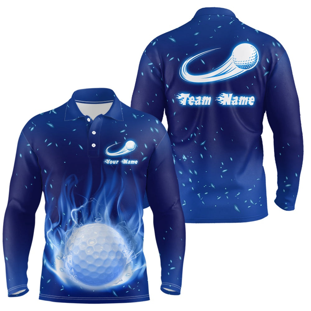 Golf Polo Shirts, Blue Fire Flame Golf Ball Mens Polo Shirt Custom Golf Tops For Men Personalized Golf Gifts, Custom Golf Shirts