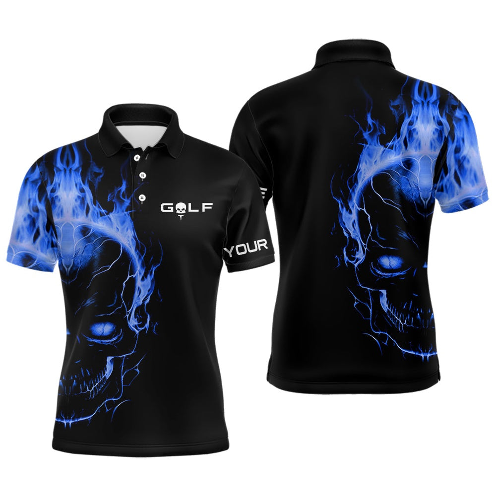 Golf Polo Shirts, Blue Fire Skull Black Golf Shirts Custom Mens Golf Polo Shirts, Mens Golf Polo Tees, Custom Golf Shirts