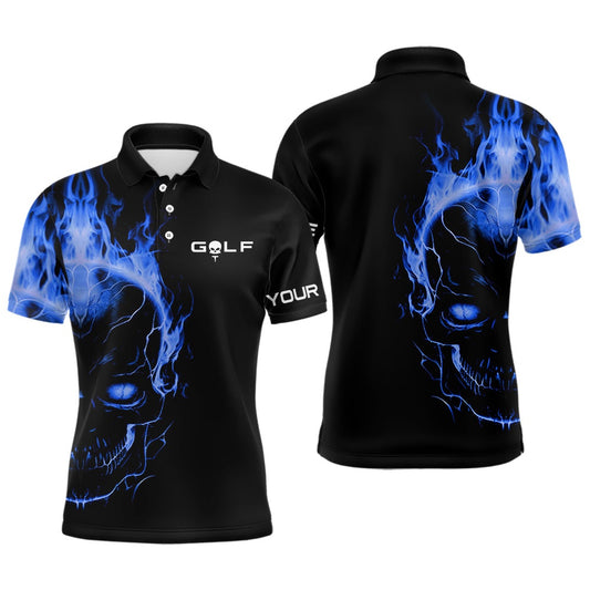Golf Polo Shirts, Blue Fire Skull Black Golf Shirts Custom Mens Golf Polo Shirts, Mens Golf Polo Tees, Custom Golf Shirts