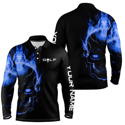 Golf Polo Shirts, Blue Fire Skull Black Golf Shirts Custom Mens Golf Polo Shirts, Mens Golf Polo Tees, Custom Golf Shirts