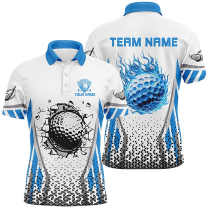 Golf Polo Shirts, Blue Flame Golf Ball Wall Break White Mens Golf Polo Shirt Custom Golf Attire For Men, Custom Golf Shirts