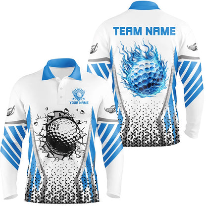 Golf Polo Shirts, Blue Flame Golf Ball Wall Break White Mens Golf Polo Shirt Custom Golf Attire For Men, Custom Golf Shirts