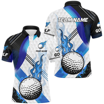 Golf Polo Shirts, Blue Flame White Golf Ball Pattern Mens Golf Polo Shirts Custom Golf Tops For Men, Best Golf Gifts, Custom Golf Shirts