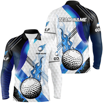Golf Polo Shirts, Blue Flame White Golf Ball Pattern Mens Golf Polo Shirts Custom Golf Tops For Men, Best Golf Gifts, Custom Golf Shirts