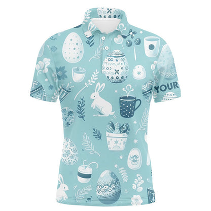 Golf Polo Shirts, Blue Funny Easter Eggs & Bunnies Mens Golf Polo Shirt Custom Easter Day Golf Tops For Men, Custom Golf Shirts