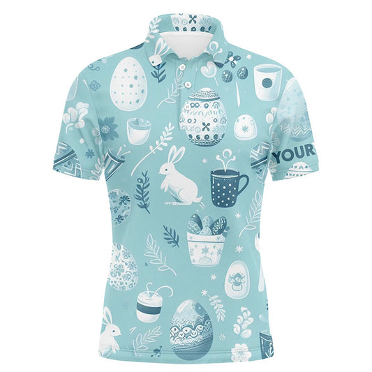 Golf Polo Shirts, Blue Funny Easter Eggs & Bunnies Mens Golf Polo Shirt Custom Easter Day Golf Tops For Men, Custom Golf Shirts