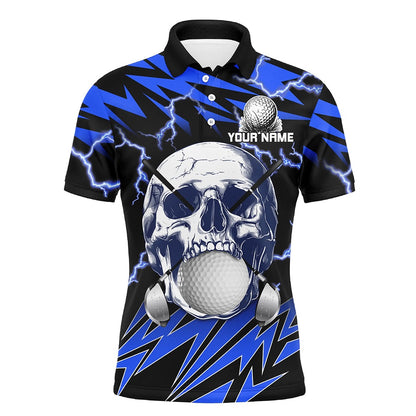 Golf Polo Shirts, Blue Lightning Thunder Golf Skull Mens Golf Polo Shirts Custom Mens Golf Attire, Cool Golf Gifts, Custom Golf Shirts