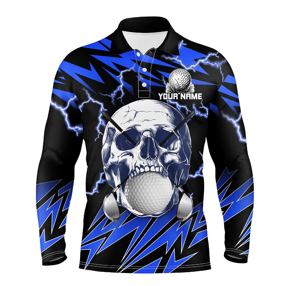 Golf Polo Shirts, Blue Lightning Thunder Golf Skull Mens Golf Polo Shirts Custom Mens Golf Attire, Cool Golf Gifts, Custom Golf Shirts
