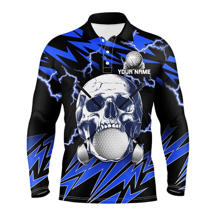 Golf Polo Shirts, Blue Lightning Thunder Golf Skull Mens Golf Polo Shirts Custom Mens Golf Attire, Cool Golf Gifts, Custom Golf Shirts
